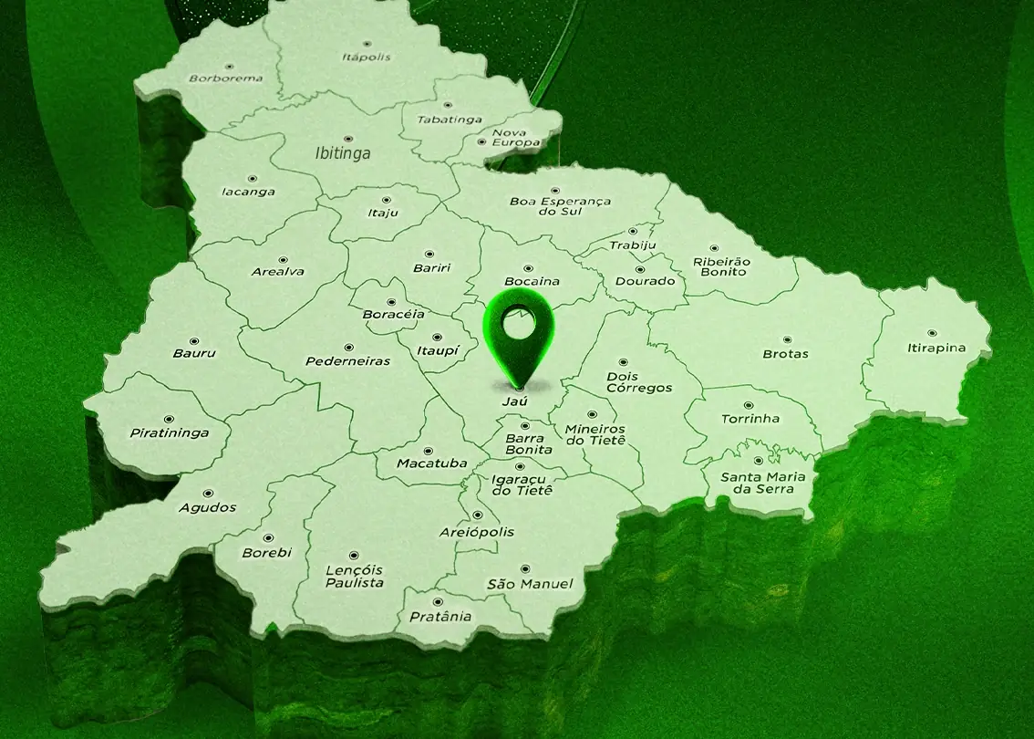 Mapa da região atendida pela Lince Distribuidora, com Jaú destacada no centro e as 35 cidades da área de cobertura identificadas