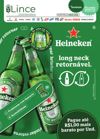 Página do portfólio Lince com garrafas long neck de Heineken e o selo de retornável, destacando a economia por unidade na troca de vasilhame