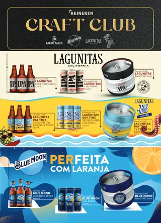 Página do portfólio com o selo Heineken Craft Club reunindo Lagunitas IPA e Day Time, Blue Moon servida com laranja, e os barris de cada rótulo