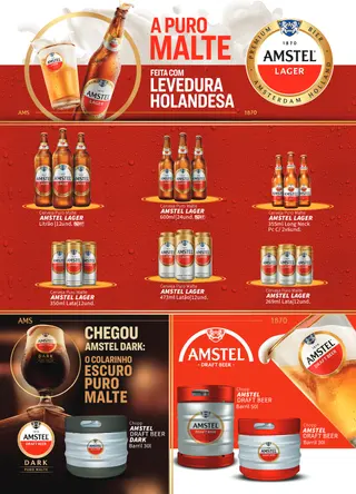 Página do portfólio da Amstel Lager puro malte, com a linha de garrafas e latas e o barril de chopp Amstel Dark