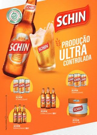 Página do portfólio da Schin, com o copo servido e a linha de latas, litrão e garrafa retornável