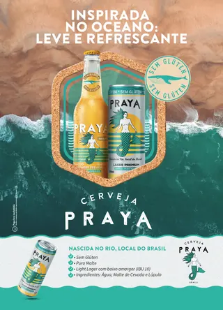 Página do portfólio da Cerveja Praya com a garrafa sobre fundo de oceano, destacando que é sem glúten e de baixo amargor