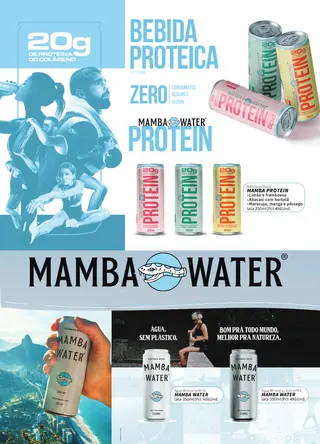 Página do portfólio da Mamba Water com as latas de água com e sem gás e a linha Protein de 20 g de colágeno