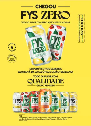 Página do portfólio da FYS Zero em fundo amarelo, com as latas de guaraná da Amazônia, limão siciliano, laranja-pera e tônica