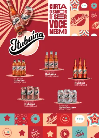 Página do portfólio da Itubaína em arte retrô vermelha, com as garrafas e latas da linha tradicional e da Zero