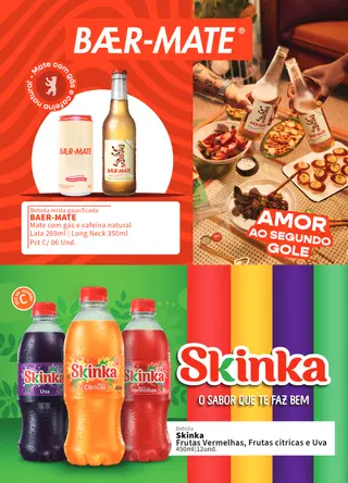 Página do portfólio com o Bær-Mate em long neck servido à mesa e as garrafas coloridas da Skinka de frutas vermelhas, cítricas e uva